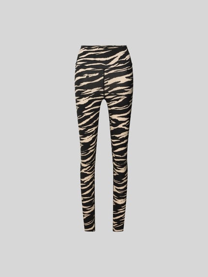 Produktfoto, Slim Fit Leggins aus Viskose-Mix von Lala Berlin mit Allover-Animal-Print, Logo-Detail und Knöchellänge, schwarz-beige