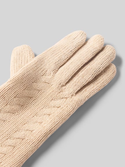 Produktfoto, Handschuhe aus reiner Wolle mit Label-Detail von EEM in Beige, Zopfmuster, gerippter Abschluss, weiche Textur, Damen Handschuhe