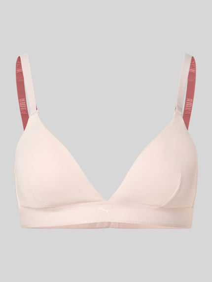 Produktfoto, biustonosz typu bralette w trójkątnym kształcie z regulowanymi ramiączkami 'Bralette in Triangel-Form mit verstellbaren Trägern' od PUMA, mieszanka bawełny i elastanu, dopasowany krój, zapięcie na haftkę, jasnoróżowe odcienie, gładka tekstura