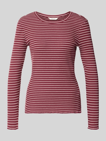 Produktfoto, Slim Fit Langarmshirt aus Baumwoll-Mix Modell 'ANNA' von Selected, weinrot mit weißen Streifen, aus Damen Langarmshirt Kollektion.