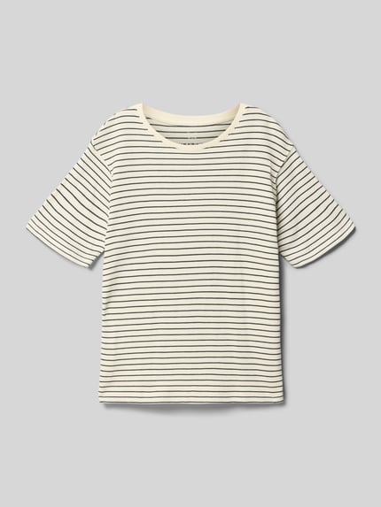 Produktfoto, Regular Fit T-Shirt in Strick-Optik Modell 'Edover' od Jack & Jones, czysta bawełna, okrągły dekolt, długość tyłu w rozmiarze 140: 52 cm, kremowe z cienkimi czarnymi paskami