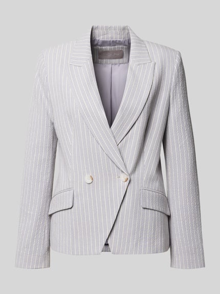 Produktfoto, Regular Fit Blazer aus Seersucker mit Streifen und Lurex von Christian Berg Woman Selection, Hellgrau mit silbernem Glanz, strukturierte Oberfläche, Reverskragen, Pattentaschen, Knopfverschluss, etwa 63 cm Rückenlänge