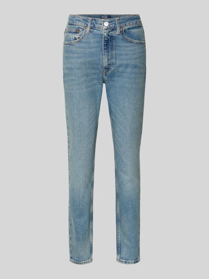 Produktfoto, niebieska Skinny Fit Jeans z kieszeniami od Polo Ralph Lauren, bawełna z elastanem, lekki efekt użycia, tkanina z fakturą.