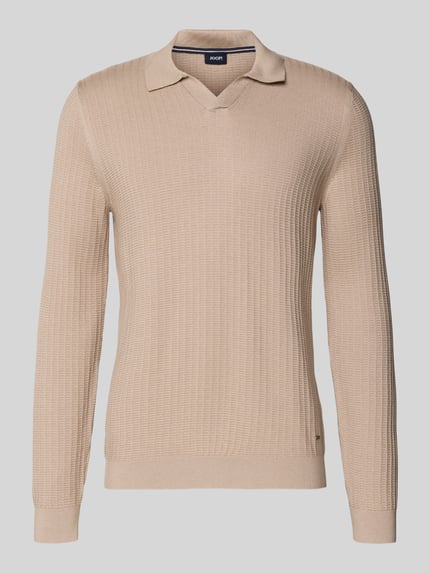 Produktfoto, Strickpullover mit Umlegekragen Modell 'Galdino' van JOOP! Collectie, heren gebreide pullover van katoenmix in slim fit met structuurpatroon en labeldetail, beige kleur