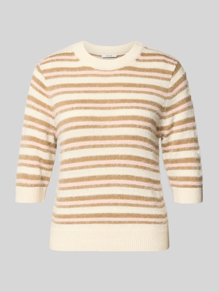 Produktfoto, Strickpullover mit gerippten Abschlüssen von Opus aus Baumwoll-Mix, Slim-Fit, cremefarben mit sandfarbenen Streifen, Rundhalsausschnitt, 1/2-Ärmel.