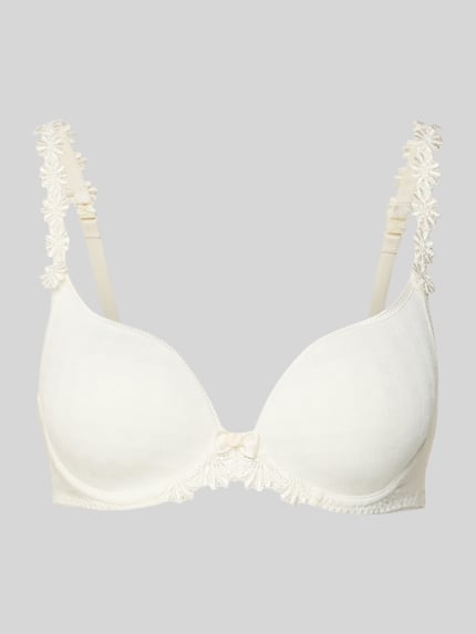 Produktfoto, Bh mit Spitzenbesatz Model 'Avero' van Marie Jo, effen kleuren, materiaalmix met stretch, bloemenapplicatie, hartvormige hals, haakjessluiting, verstelbare bandjes, nauwsluitend model.