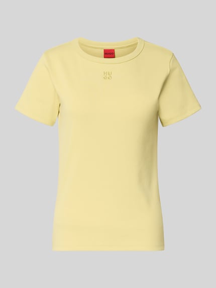 Produktfoto, Regular Fit T-Shirt aus Baumwoll-Mix Modell 'DELORIS' von HUGO in unifarbenem Hellgelb, kurzer Arm, Rundhals, Jersey-Textur