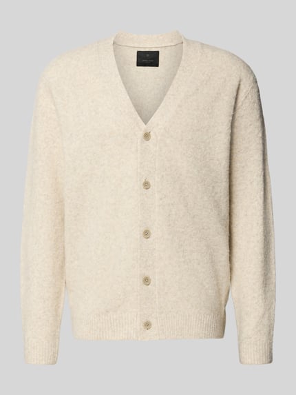 Produktfoto, crèmekleurige Strickjacke mit Knopfleiste Modell 'BLASIMON' van Jack & Jones Premium, wolmix, geribde boorden, regular fit.