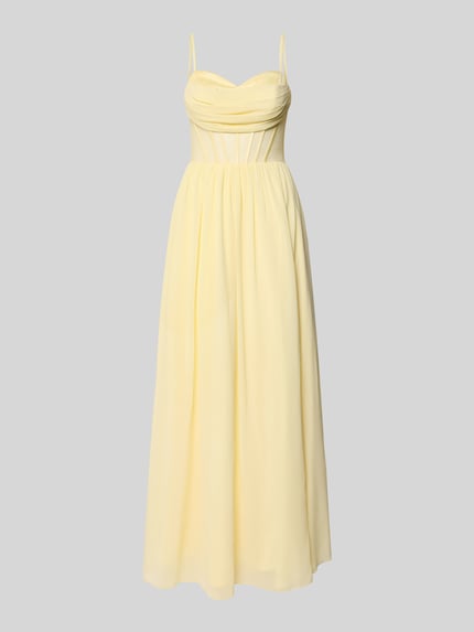 Produktfoto, Corsagenkleid mit Spitze von Mascara aus gelbem Chiffon, taillierter Schnitt, Maxilänge, detailreiche Textur