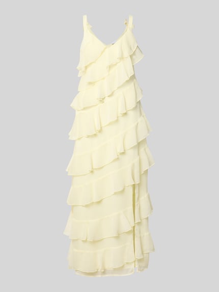 Productfoto, lichtgeel Midikleid met Volants model 'LUNA' van Vila in a-lijn met strikbandjes, zachte textuur, dameskleding