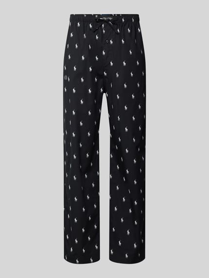 Produktfoto, schwarze Regular Fit Pyjama-Hose aus reiner Baumwolle von Polo Ralph Lauren mit weißem Allover-Logo, Polo Ralph Lauren Underwear