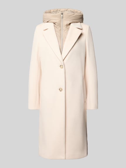 Produktfoto, Mantel mit Kapuze Modell 'MIRA' von Cinque in Creme mit Reißverschluss, Reverskragen, Knopfverschluss, Eingrifftaschen, Regular Fit, Rückenlänge 98 cm, Schulterbreite 38 cm, Brustweite 46 cm, Ärmellänge 63 cm, glatte Oberfläche, dezente Struktur, neutrale Farbgebung