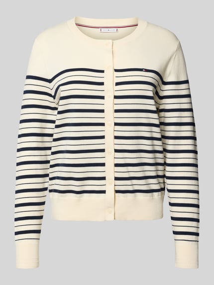Produktfoto, Regular Fit Strickjacke aus Baumwoll-Mix von Tommy Hilfiger, Optik: Allover-Muster, gestreift, Logo-Stitching, Feinstrick, Rundhals, Langarm, gerippte Abschlüsse, cremefarben mit dunkelblauen Streifen