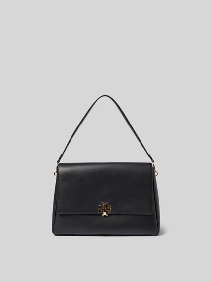 Productfoto, Shoulder Bag met logo-detail van Tory Burch, zwart leer, hoofdvak met overslag, magneetsluiting, binnenvak met ritssluiting, afneembare schouderband, breedte 33 cm, lengte 23 cm, diepte 13 cm