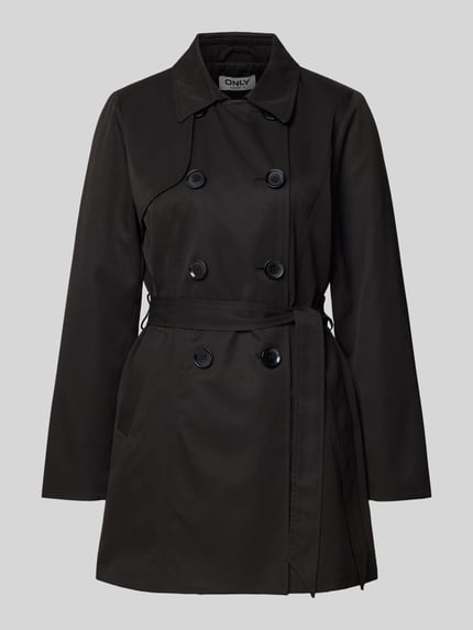 Produktfoto, Regular Fit Trenchcoat mit doppelreihiger Knopfleiste Modell 'VALERIE' von ONLY, Unifarben, Umlegekragen, Taillengürtel, Langarm, seitliche Eingrifftaschen, glatte Textur