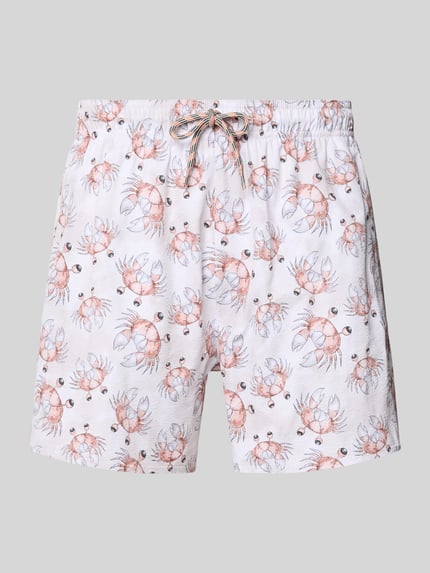 Produktfoto, Badehose im Allover-Look von Emporio Armani, weißer Stoff mit rosa und braunem Krebs-Muster, elastischer Bund, Tunnelzug, Regular Fit