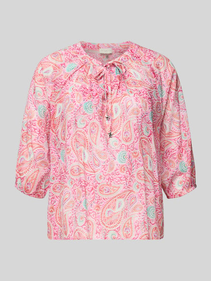 Produktfoto, Regular Fit Bluse mit 3/4-Arm von Milano Italy in Rosa mit Allover-Paisleymuster, reine Baumwolle, Rundhalsausschnitt, Schnürung