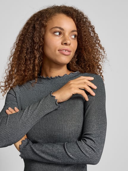 ONLY Bluzka z długim rękawem o kroju slim fit z mieszanki bawełny model ‘EMMA’ Antracytowy 3