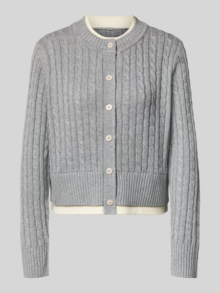 Produktfoto, Regular Fit Cardigan mit Woll-Anteil in Strick-Optik von MYON, grau meliert mit Rundhalsausschnitt, Knopfleiste, Materialmix, strukturierte Oberfläche