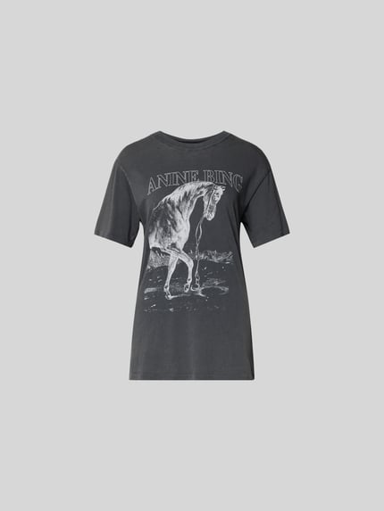 Produktfoto, T-Shirt mit Logo-Print od Anine Bing z bawełny, czarne, dopasowany krój, nadruk logo i motyw, okrągły dekolt.