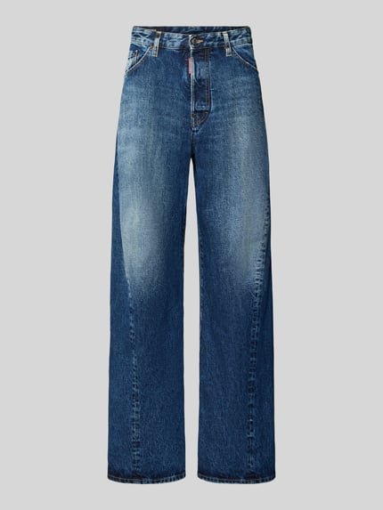 Produktfoto, Loose Fit Jeans aus reiner Baumwolle von Dsquared2, Used-Look in Blau, 5-Pocket-Design, Ziernähte, strukturierte Denim-Oberfläche