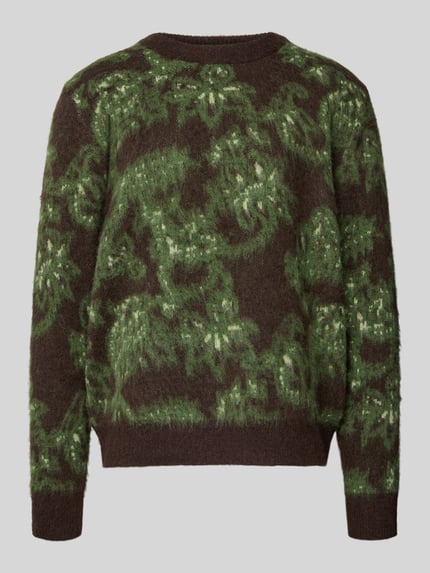 Produktfoto, Strickpullover mit Rundhalsausschnitt Modell 'Herbert' von Wood Wood, braun-grüner Material-Mix mit Alpaka-Anteil, Allover-Muster, Regular Fit