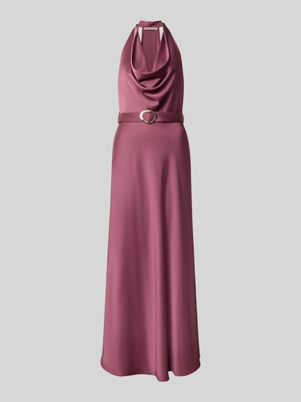 Produktfoto, Abendkleid mit Neckholder von Rinascimento in dunklem Mauve, Stoffgürtel, taillierte Passform, glatte Textur, Maxikleid, Material-Mix mit Stretch-Anteil, Rückenlänge 150 cm, Brustweite 43 cm