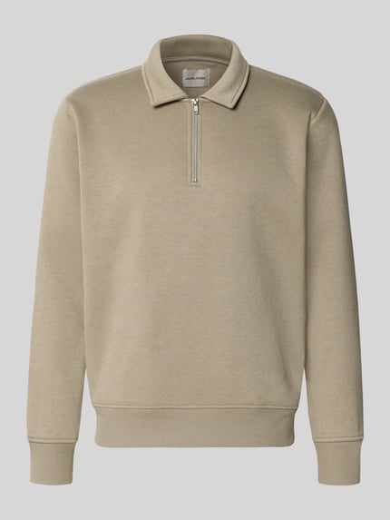 Produktfoto, Regular Fit Sweatshirt mit Baumwoll-Anteil Modell 'Bradley' von JACK & JONES, Mieszanka materiałów z bawełną, krój regular fit, kołnierz zapinany, zamek błyskawiczny, Długość tyłu w rozmiarze M: 69 cm, beżowy kolor, gładka tekstura