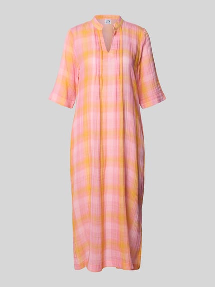 Produktfoto, Relaxed Fit Midikleid met tuniekkraag van Emily Van den Bergh, katoenmix, plooien, halflange mouwen, geruit roze-geel, zachte textuur