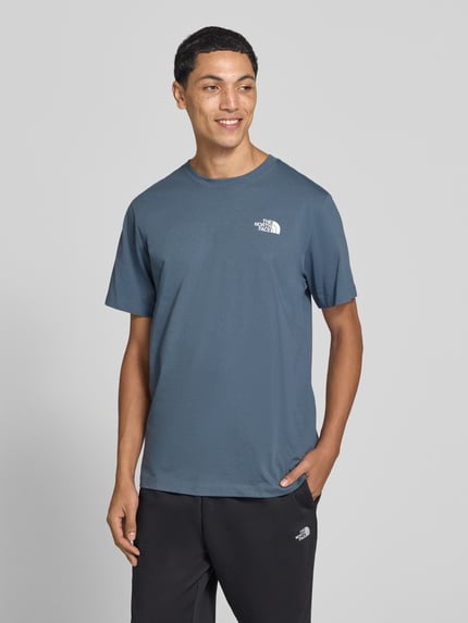 Männermodel trägt T-Shirt mit Label-Print Modell 'Evolution' von The North Face in Blau, Baumwoll-Mix, Regular Fit, Nahaufnahme Oberkörper, Rückenlänge bei Größe M: 73 cm.