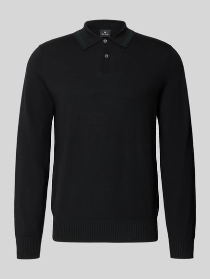 Produktfoto, Regular Fit Poloshirt in Strick-Optik von Paul Smith aus reiner Wolle in Schwarz, langärmlig, Polokragen, feine Struktur