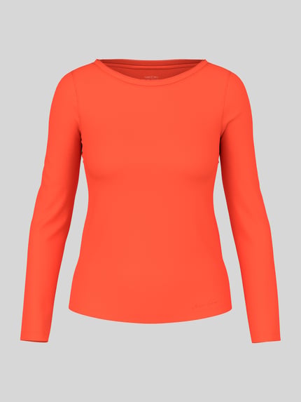 Produktfoto, Slim Fit Langarmshirt aus Baumwoll-Mix von Marc Cain in leuchtendem Rot-Orange, U-Boot-Ausschnitt, Logo-Stickerei, glatte Textur