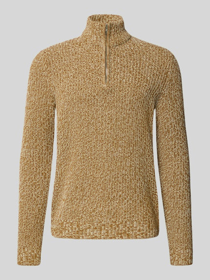 Produktfoto, Regular Fit Troyer mit kurzem Reißverschluss Modell 'JOIN' von Only & Sons, melierte Optik, grob gestricktes Material, senfgelb und weiß