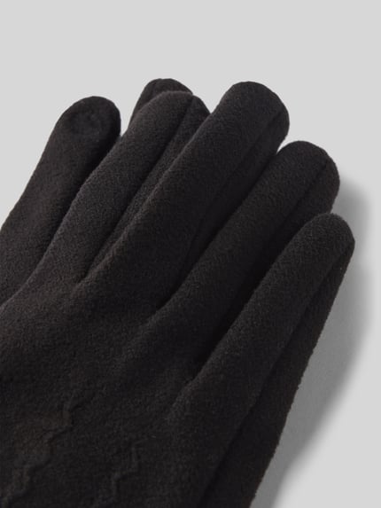 Produktfoto, Handschuhe aus elastischem Material-Mix von EEM, schwarze Farbe, weiche Textur, Zier-Applikationen, eingefasste Abschlüsse