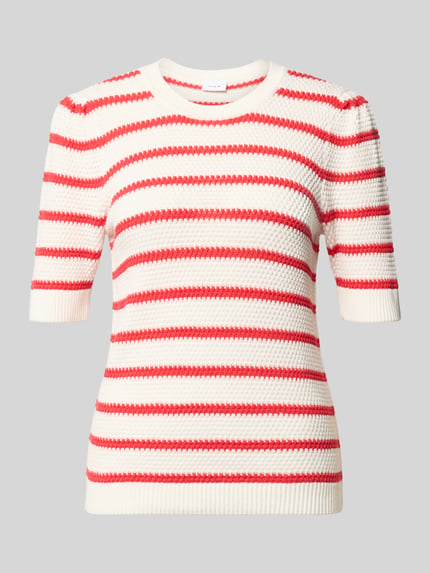 Produktfoto, Strickshirt mit Rundhalsausschnitt Modell 'DALO' von Vila aus reiner Baumwolle, Regular Fit, rot-weiße Streifen, Strukturmuster