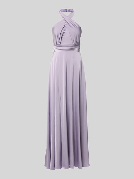 Produktfoto, Abendkleid aus Satin mit gelegten Falten von Laona, liliowy, połyskliwa tkanina, krój slim fit, szerokość w rozmiarze 36: 32 cm, długość tyłu 124 cm, rozcięcie na dole, dekolt halter