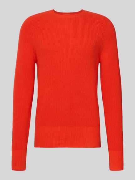 Produktfoto, Strickpullover aus Baumwoll-Kaschmir-Mix mit gerippten Abschlüssen van FTC-Cashmere, regular fit, felrood, ronde hals.