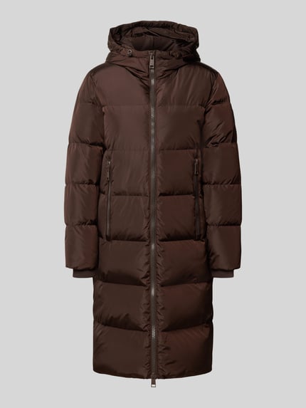 Produktfoto, Steppmantel mit Zweiwege-Reißverschluss von Armani Exchange in Dunkelbraun, gerade Passform, Kapuze, Reißverschlusstaschen, Storm Cuffs, glatte Textur