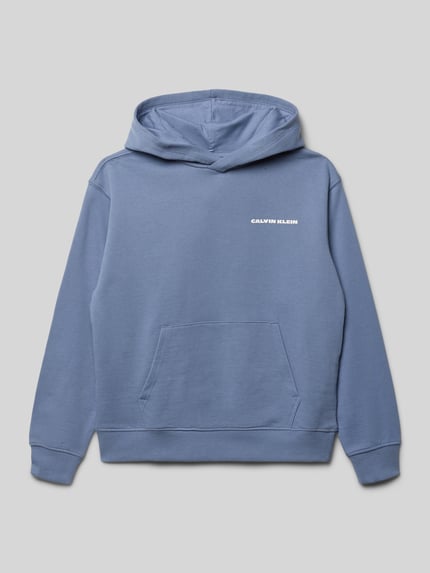 Produktfoto, Relaxed Fit Hoodie mit Logo-Print von Calvin Klein Jeans, bawełna, niebieski, kieszeń kangurka, elastyczne ściągacze, logo z przodu