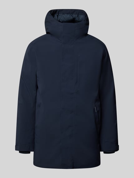Produktfoto, Heren lange jas in donkerblauw met capuchon, borstzak, steekzakken, regular fit, Model 'KEEN' van JACK & JONES, ruglengte maat M 84 cm, schouderbreedte 49 cm, borstwijdte 59 cm, mouwlengte 66 cm