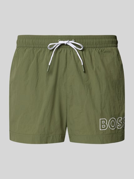 Produktfoto, Regular Fit Badeshorts mit Label Print Modell 'MOONEYE' von BOSS, efekt: jednolity kolor, elastyczny ściągacz z tunelem, wpuszczane kieszenie