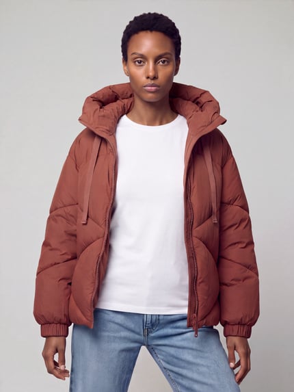 Frauenmodel trägt Pufferjacke mit gesteppter Kapuze von JAKE*S WOMAN CASUAL in mattem, unifarbenem Braun, Struktur-Optik, Ganzkörperansicht von vorne.