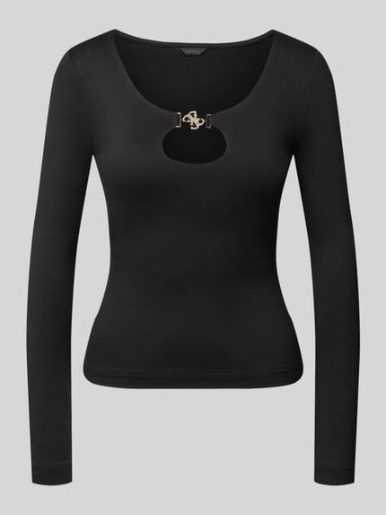 Produktfoto, Relaxed Fit Longsleeve aus elastischem Material-Mix von GUESS, czarny, okrągły dekolt, długi rękaw, ozdobne dżety, model 'CAMRYN', logowane przeszycia, tył 50 cm w rozmiarze S, damska bluzka longsleeve