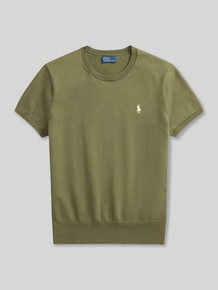 Produktfoto, Regular Fit Kurzarmpullover mit Logo-Stitching von Polo Ralph Lauren in Olivgrün, elastischer Baumwoll-Mix, Rundhalsausschnitt, elastische Ärmelabschlüsse