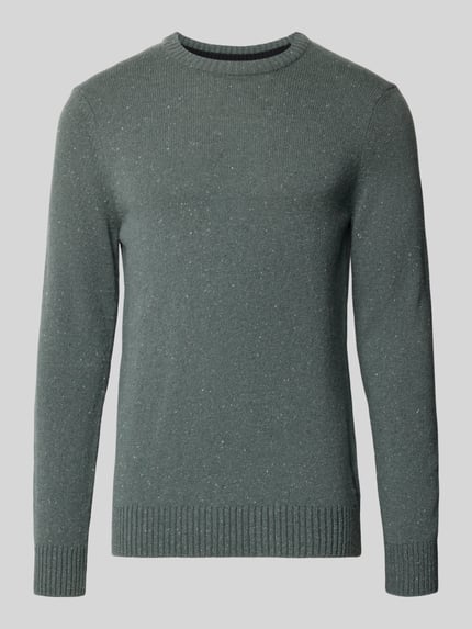 Produktfoto, Pullover mit Logo-Detail von MARC O'POLO in grauer Melange-Strickoptik, strukturierte Feinstrick-Oberfläche, Regular Fit, Longline, mit Rundhals und langen, gerippten Ärmeln sowie geripptem Rumpfabschluss.