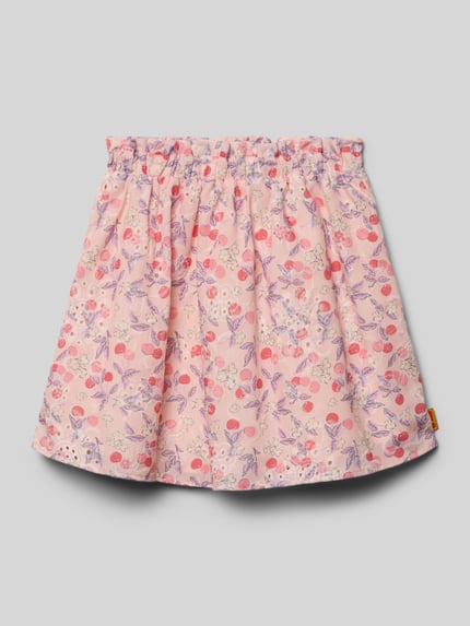 Produktfoto, Knielanger Rock mit elastischem Bund und Label-Detail von Steiff aus Material-Mix mit Baumwoll-Anteil, A-Linie, rosa mit floralen Mustern