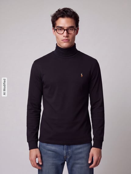 Männermodel trägt schwarzen Regular Fit Rollkragenpullover aus reiner Baumwolle von Polo Ralph Lauren, Herren Rollkragenpullover, Ganzkörperansicht von vorne, KI-modifiziertes Bild.