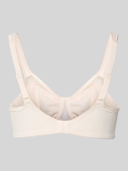 Frauenmodel trägt Bügel-BH aus Spitze und Mikrofaser von LASCANA, Unifarbenes-Design, Minimizer, Hakenverschluss, Rückseite, Ganzkörperansicht Rückansicht.