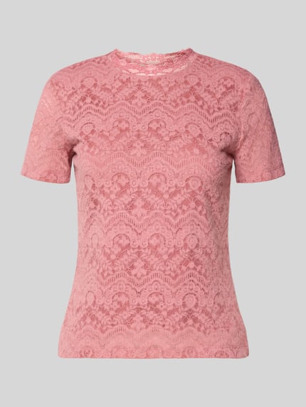Produktfoto, T-Shirt aus Spitze mit Rundhalsausschnitt von Jake*s Collection, różowy, materiał-mix ze stretch, krój slim fit, długość tyłu w rozmiarze S: 55 cm, koronkowa faktura, gładka powierzchnia