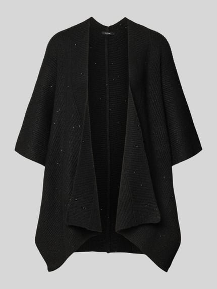 Produktfoto, zwarte Poncho met 1/2-mouw model 'Ablanki' van OPUS, losse pasvorm, geribbelde randen, lengte achter 70 cm, effen textuur